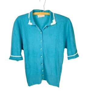 Wondameres Vintage Teal Wool Cardigan Short Sleeve Mid Century Sweater Size L